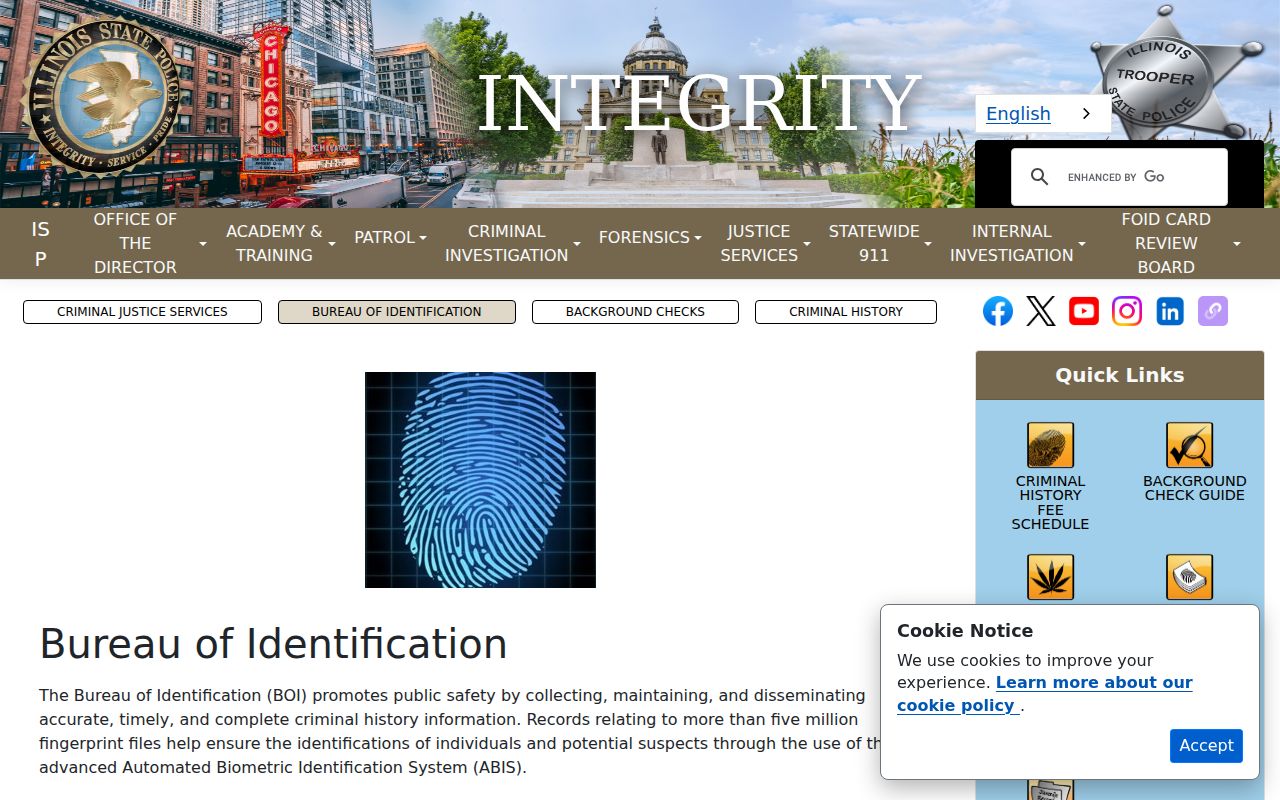 Illinois State Police Bureau of Identification information page
