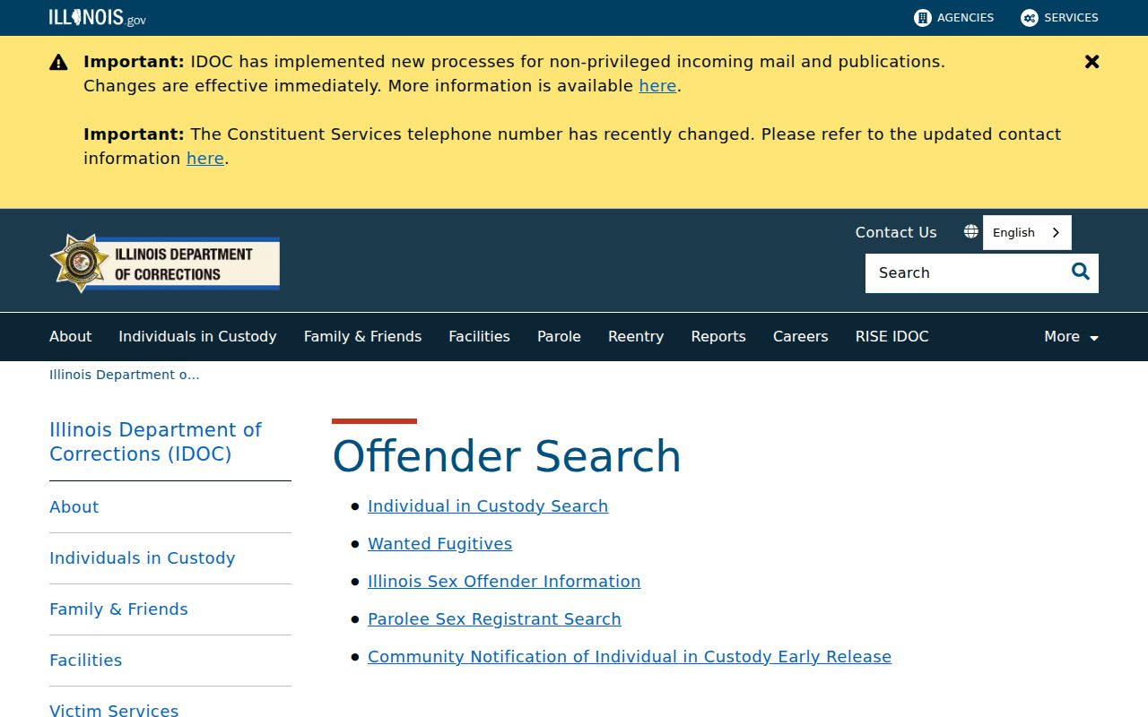 Illinois Department of Corrections custody search options
